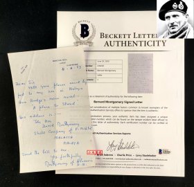 “英国陆军元帅” 蒙哥马利 1953年8月亲笔信件一通 三大签名鉴定公司之一Beckett（BAS）鉴定