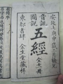 稀见线装木刻老版“中华传统国学经典读本”《改正音训 易经》（“音训图说 五经首部”），“西尾寿闲”訓点，上下二卷，大开本木刻线装，乾坤二册全。“东京书肆 金生堂藏梓”，安政七年（1860），和本原刊精印发行，全汉字刻印。此为汉学经典读本，为五经之一，是中国传统思想文化中自然哲学与人文实践的理论根源。古代汉民族思想、智慧的结晶，被誉为“群经之首，大道之源。版本罕见，品如图。