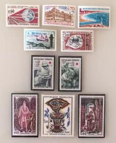 法国邮票 1966年全年43枚+1枚邮票进度印样  套色雕刻版背胶  无戳新票  全新。