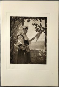 【汉斯·托马】1922年 铜版画 照相凹版《纺纱女工 Sorrentiner Spinnerin》附资料页，汉斯·托马（Hans Thoma）德国画家