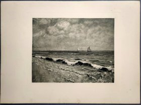 【汉斯·托马】1922年 铜版画 照相凹版《新布莱顿海滩 Strand bei New Brighton》附资料页，汉斯·托马（Hans Thoma）德国画家