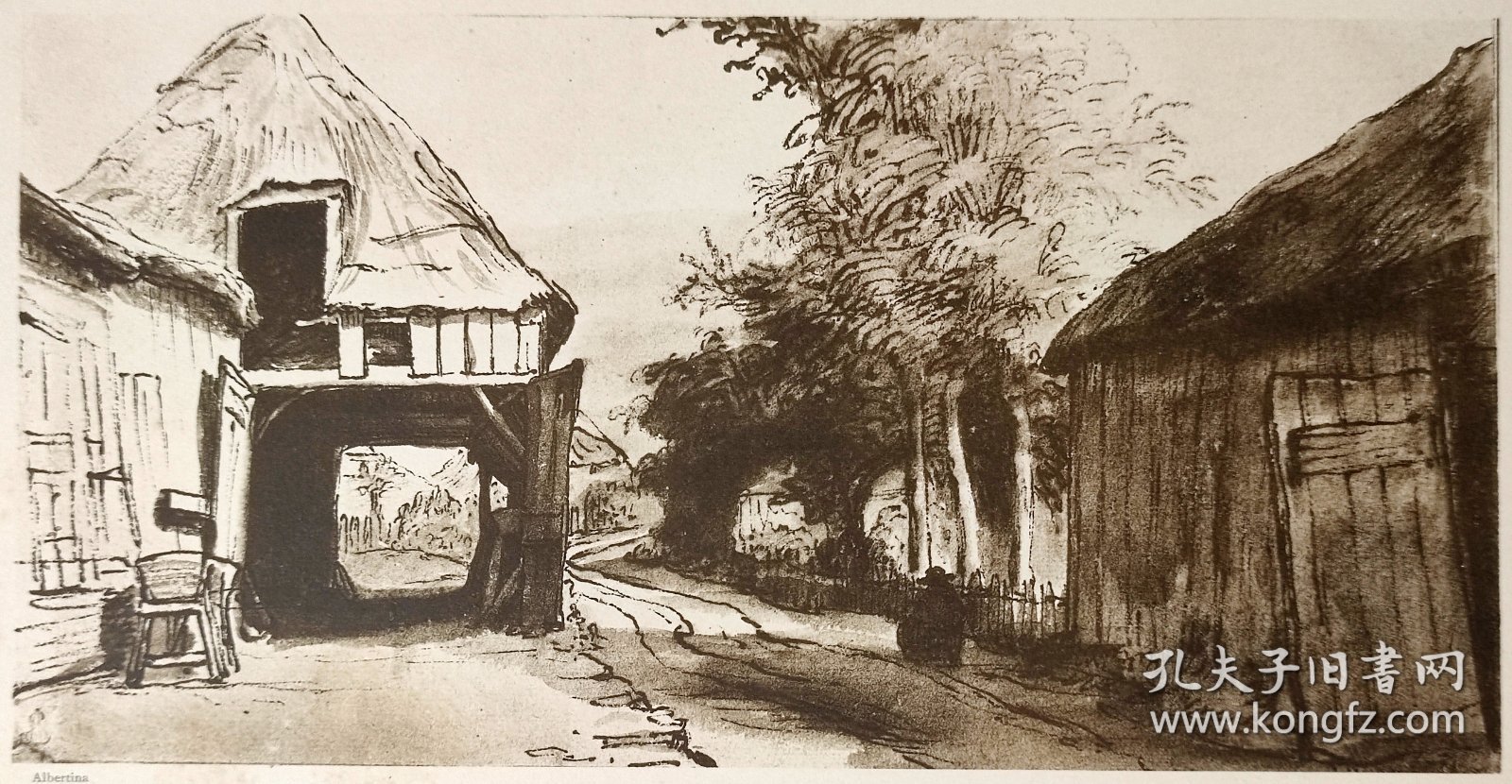 【伦勃朗】1896年 珂罗版 版画《DORFSTRASSE MIT WAGENSCHUPPEN BEI UTRECHT》 纸张36.5×29厘米