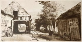 【伦勃朗】1896年 珂罗版 版画《DORFSTRASSE MIT WAGENSCHUPPEN BEI UTRECHT》 纸张36.5×29厘米