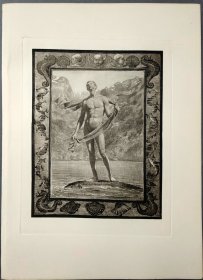 【汉斯·托马】1922年 铜版画 照相凹版《鱼背上的少年 Jungling auf dem Sisch》附资料页，汉斯·托马（Hans Thoma）德国画家