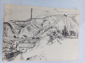 约六十年代   山坡景色素描画    无款