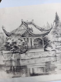 约六十年代    建筑风景素描画    无款