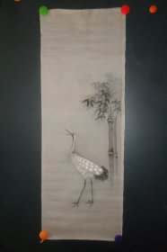 （请-民国）手绘（绢本），无款，《竹子仙鹤图》，软片