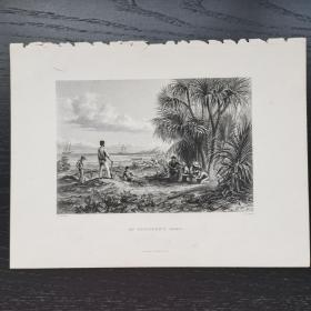 十九世纪西洋欧洲古董英国伦敦钢版画AN EXPLORER'S CAMP 约27x21cm