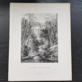 十九世纪西洋欧洲古董英国伦敦钢版画WILLOUGHBY FALLS 约27x21cm