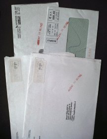 国外邮资已付封实寄，均盖有红色英文：误发北京，一枚价，随机出