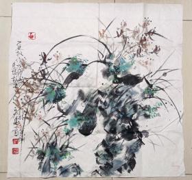 画家吴道悲之子，中国捻条画创始人吴建堂“兰草”彩墨画（附书法）