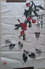 1990年北京美协理事，娄师白弟子刘存惠绘“海棠，小鸡”花鸟画