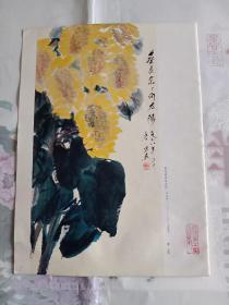 唐云作葵花朵朵向太阳，张书旗作鹰，叶浅予作凉山装，张正宇作猫12帧，张正宇书毛主席诗词《卜算子咏梅》，8开美术书法散页