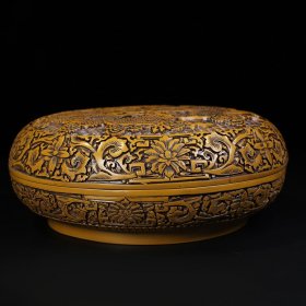 旧藏剔黄漆器双龙戏珠图圆盒，直径30.5厘米，高12厘米，重2780克