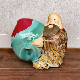 一拍堂 宜昌彩陶寿星抱桃80年代窑变花釉陶瓷人物雕塑桌面陶器摆件老美陶