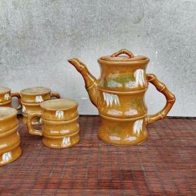 一拍堂 宜昌彩陶黄釉竹节茶壶茶杯80年代出口陶瓷器礼品老工艺品家用茶具摆件