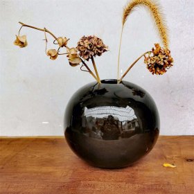 一拍堂 宜昌彩陶黛釉花器怀旧陶瓷器摆件圆球花瓶80年代黑釉球形陶器花插
