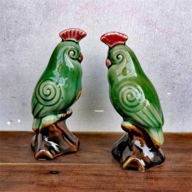 一拍堂 宜昌彩陶三彩绿釉鹦鹉80年代老美陶动物雕塑陶瓷器怀旧摆件收藏品