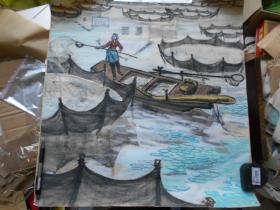 著名画家，杨明义套色版画【江南渔村，手绘稿（未落款）】尺寸：57.5×54.2厘米。版画2009年曾在孔网上拍过