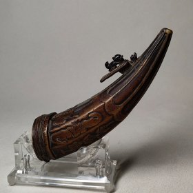 【美品】清代精雕牛角火药盒,包真包老