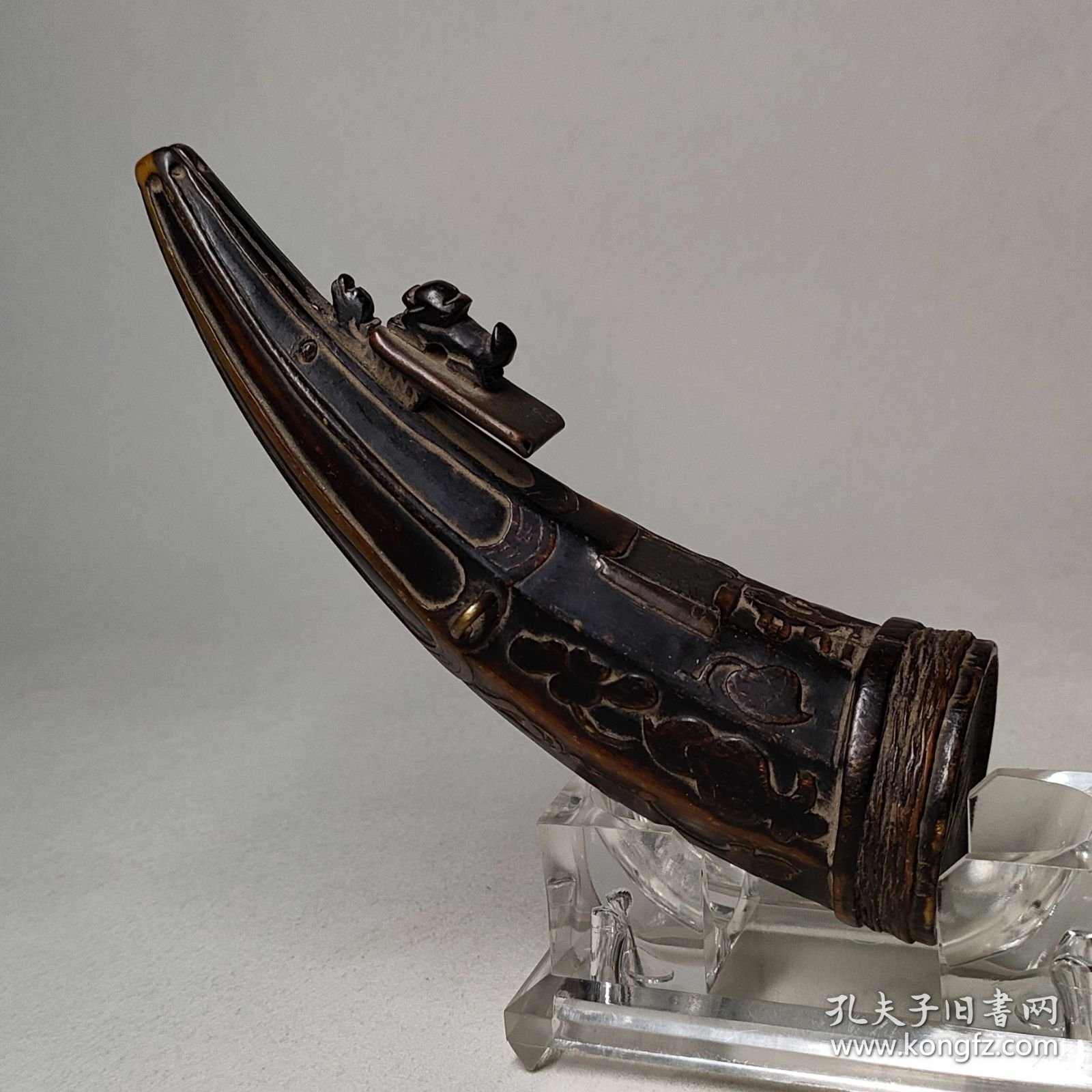 【美品】清代精雕牛角火药盒，包真包老