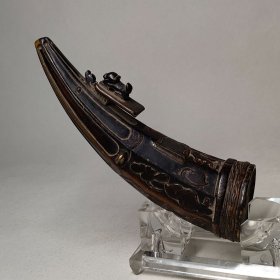 【美品】清代精雕牛角火药盒,包真包老