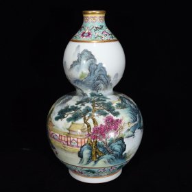 清雍正珐琅彩阁楼山水纹题诗葫芦瓶29×18厘米，￥4200