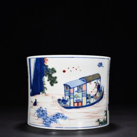 清康熙青花五彩夜游赤壁人物纹笔筒 高15厘米 宽19厘米 3120元