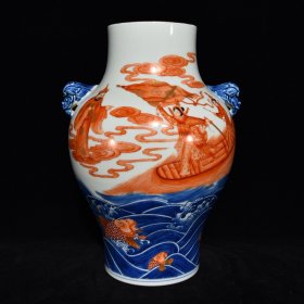 清乾隆青花矾红人物故事纹兽耳瓶 ；26.5×19厘米 价:4500