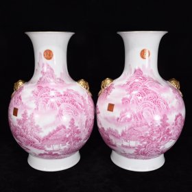 清乾隆胭脂红阁楼山水纹兽头瓶46×32厘米，￥6000一对