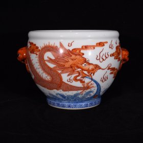 清乾隆胭脂红鎏金龙纹兽头瓶13×20厘米，￥1200