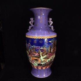 清乾隆雕刻阁楼山水纹双耳瓶65×32，价格6750