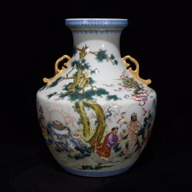 清雍正珐琅彩鎏金罗汉纹题诗双耳瓶27×21厘米，￥5400