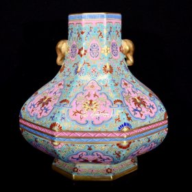 清乾隆粉彩描金折枝花卉纹六方扁肚瓶28×26厘米，￥4950