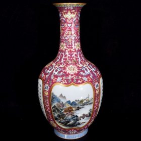 清乾隆胭脂红开窗山水纹题诗瓶38×19厘米，￥6750