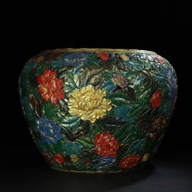 旧藏漆器彩绘花开富贵图圆缸摆件，口径45厘米，高34厘米