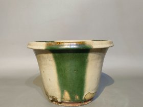 古玩旧藏清代哥釉加绿花盆