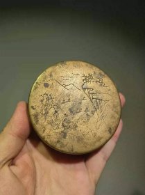 清山水人物铜圆形墨盒