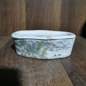 粉彩山水瓷盖缸