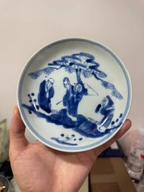 古玩旧藏晚清青花三星人物盘全品