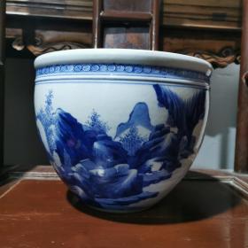清代青花山水瓷缸