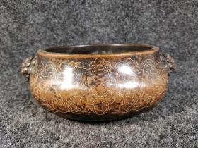 紫铜掐银丝狮头炉，重3000克