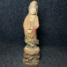 道教旧藏彩绘木雕佛像 尺寸：长宽高8.5/8/30.5厘米