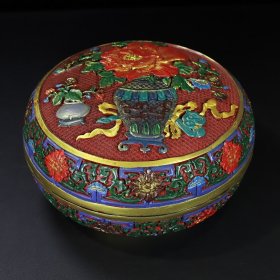 旧藏漆器彩绘平安富贵圆形收纳盒摆件，直径28厘米，高15厘米，重2294克
