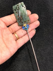 旧藏 纯银镶天然翡翠发簪，玉质油润细腻，包浆浑厚，佩戴收藏价值高，尺寸178×30mm