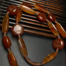 老玛瑙球搭配辽金管，玛瑙如意纹背云编制项链 尺寸：老玛瑙球直径约36毫米 背云21*17*7毫米