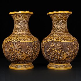 旧藏剔黄漆器花口大肚瓶花瓶摆件，直径21厘米，高31厘米，一对重3385克