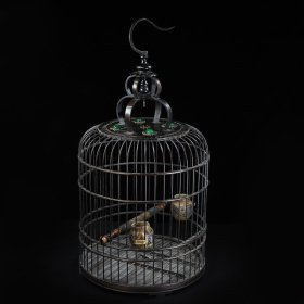 旧藏黑檀木镶贝壳圆鸟笼，直径29.5厘米高35厘米