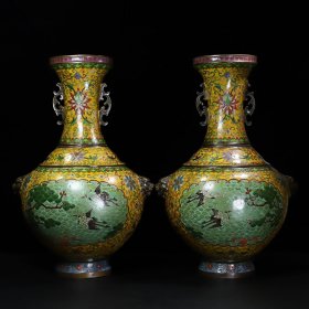 早期收藏铜胎掐丝珐琅松鹤兽首花瓶摆件一对，花瓶肚腹宽32厘米高50厘米，总重16150克
