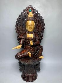 旧藏纯手工雕刻镶松石老牛角观音，雕工精细，牛角纹路清晰，色泽饱满重1594克